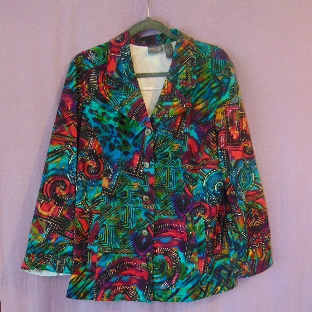 EUC ADDICTION by CHICOS Vibrant Multicolored Abstract Modern Jacket Size 3